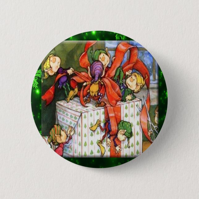 Merry Elves Wrapping Present Round Button (Front)
