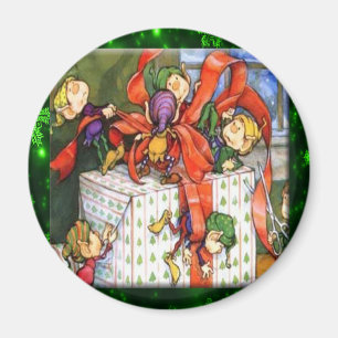 Merry Elves Wrapping Present Round Button Magnet