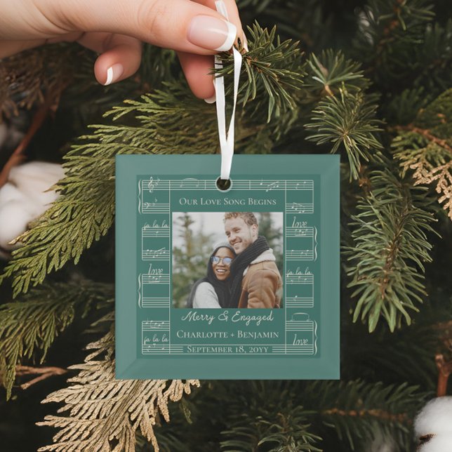 Merry Engaged Love Song Sheet Music Couples Photo Glass Tree Decoration (Merry Engaged Love Song Sheet Music Couples Photo Glass Ornament)