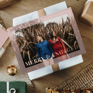 Merry & Engaged Minimal Frame Photo Engagement Foil Holiday Card