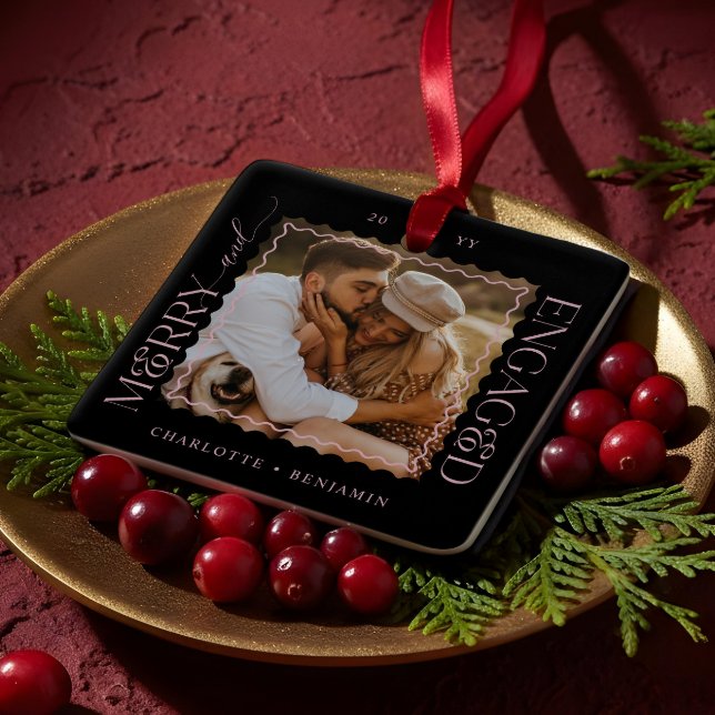 Merry & Engaged Modern Minimal Wavy Photo Keepsake Ceramic Ornament (Merry & Engaged Modern Minimal Wavy Photo Keepsake Ceramic Ornament)