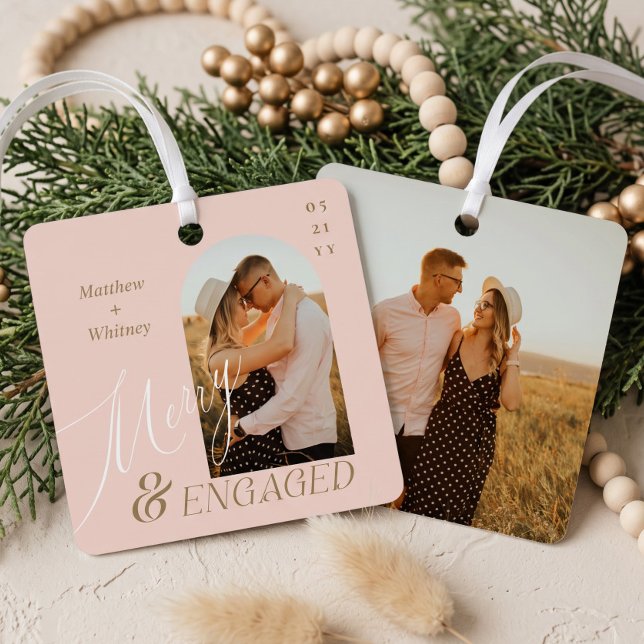 Merry & Engaged Script Modern Engagement Photo Metal Tree Decoration (Merry & Engaged Script Modern Engagement Photo Metal Ornament)