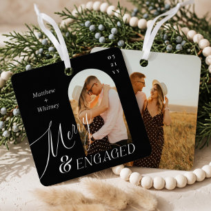 Merry & Engaged Script Modern Engagement Photo Metal Tree Decoration