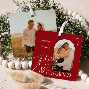 Merry & Engaged Script Modern Engagement Photo Metal Tree Decoration