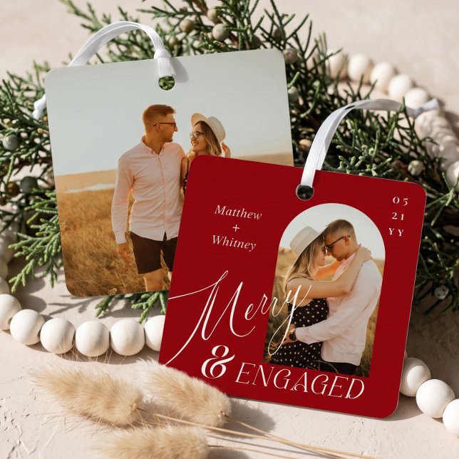 Merry & Engaged Script Modern Engagement Photo Metal Tree Decoration (Merry & Engaged Script Modern Engagement Photo Metal Ornament)