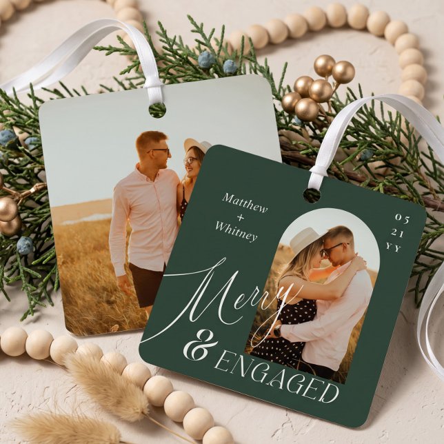 Merry & Engaged Script Modern Engagement Photo Metal Tree Decoration (Merry & Engaged Script Modern Engagement Photo Metal Ornament)