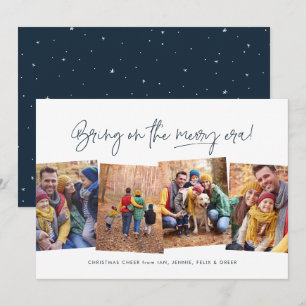 Merry era funny four photo navy blue Christmas Holiday Card