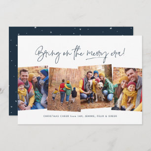 Merry era funny four photo navy blue Christmas Holiday Card