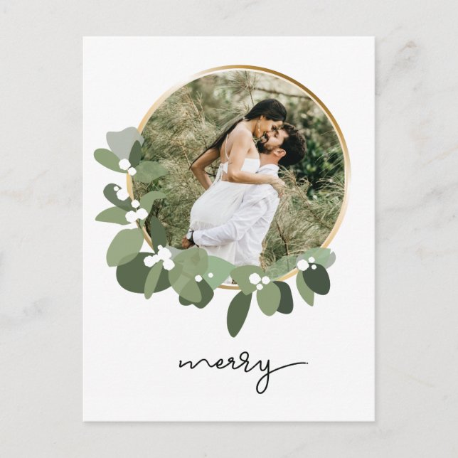 Merry Eucalyptus Wreath Newlywed Photo Christmas Postcard (Front)