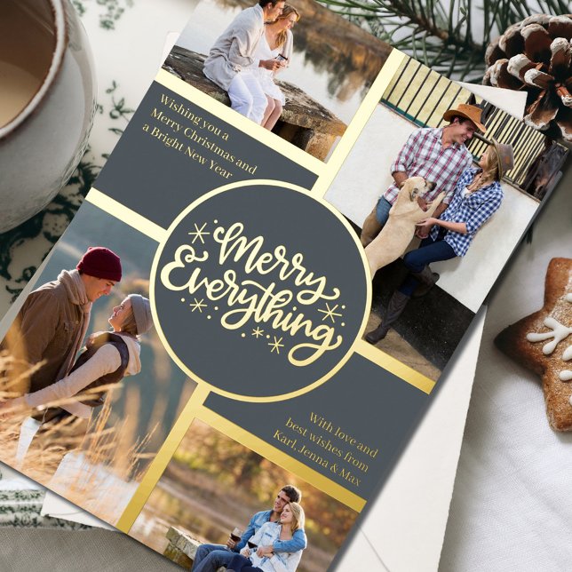 Merry Everything 4 Photo Collage Grey and Gold Foil Holiday Card (Creator Uploaded)