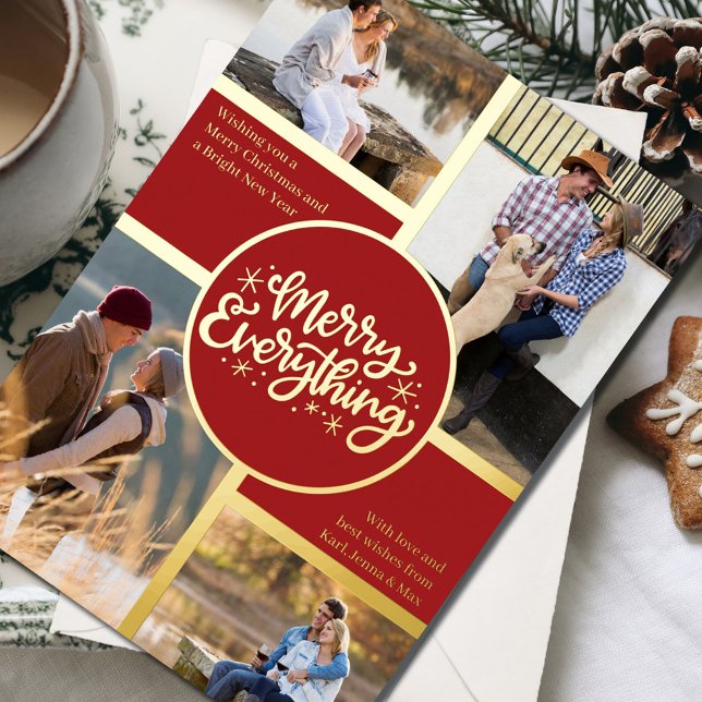 Merry Everything 4 Photo Collage Red and Gold Foil Holiday Card (Creator Uploaded)