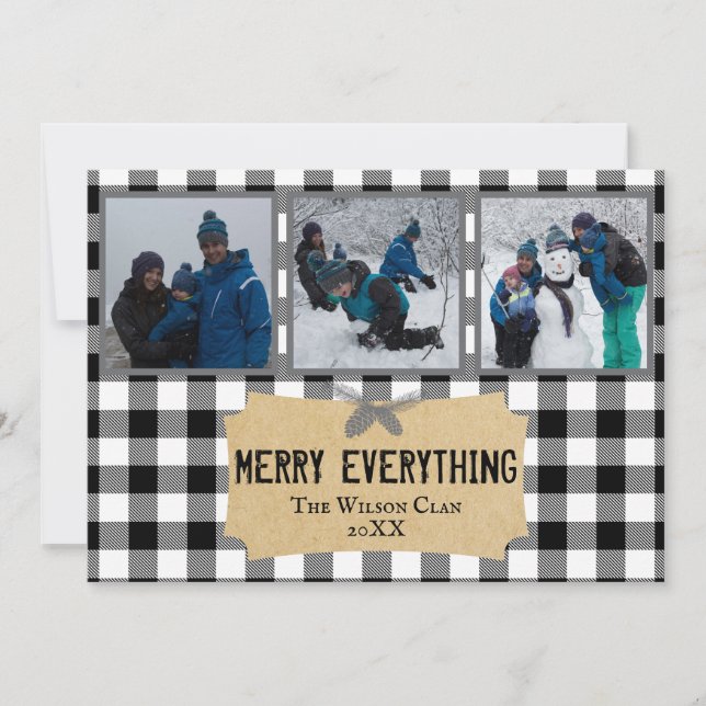 Merry Everything Buffalo Plaid 3 Photo Card (Front)