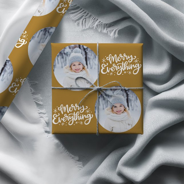 Merry Everything Calligraphy Round Photo Gold Wrapping Paper (Photo Wrapping Paper - Merry Everything)