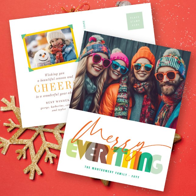 Merry Everything Colorful Typography Modern Photo Holiday Postcard (Creator Uploaded)