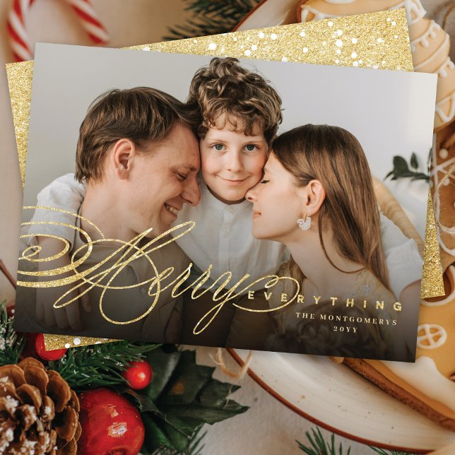Merry Everything Gold Glitter Script Classic Photo Holiday Card (Creator Uploaded)