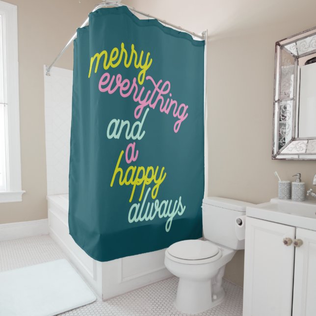 Merry Everything Happy Always Mint Teal Holiday Shower Curtain (In Situ)