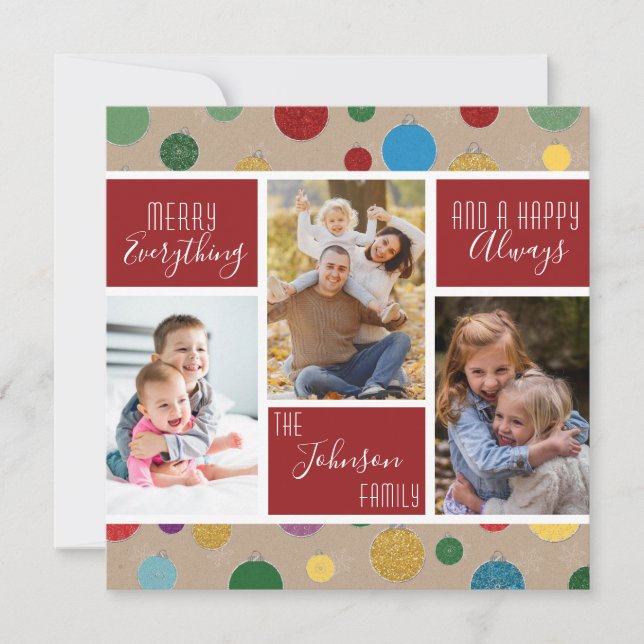 Merry Everything Happy Always Red Photo Collage Holiday Card (Front)
