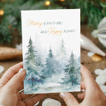 Merry Everything Happy Always Winter Trees Flat Holiday Card<br><div class="desc">Watercolor winter trees in shades of green paired with script and modern typography holiday card.</div>