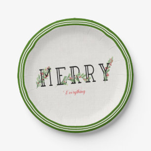 Merry Everything Holly And Berries Green Edge Paper Plate