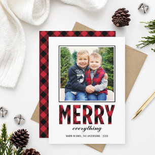 Merry Everything Modern Red Buffalo Plaid Photo Holiday Card