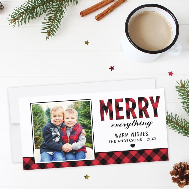 Merry Everything Modern Red Buffalo Plaid Photo Holiday Card (Creator Uploaded)