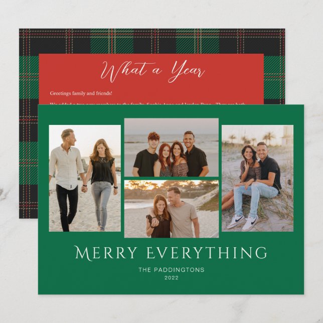 Merry Everything Photo Green Red Plaid Holiday Card (Front/Back)