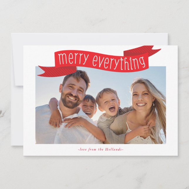 MERRY EVERYTHING PHOTO modern family banner red Holiday Card (Front)