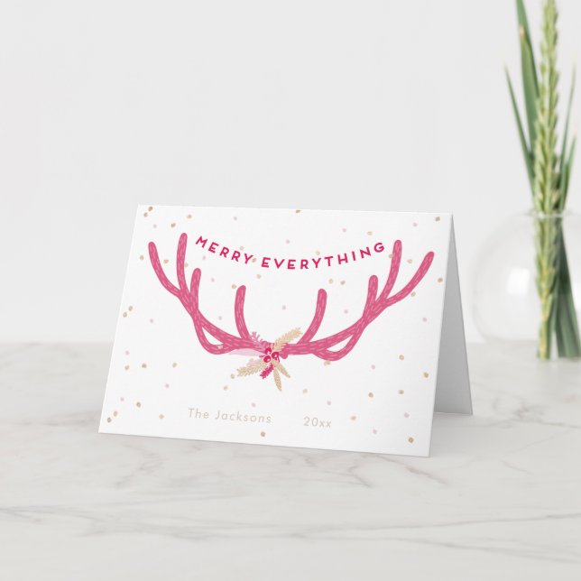 Merry Everything Pink Antlers Christmas on White Holiday Card (Front)