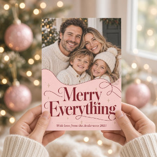 Merry Everything Pink Bow Wavy Christmas Photo Holiday Card