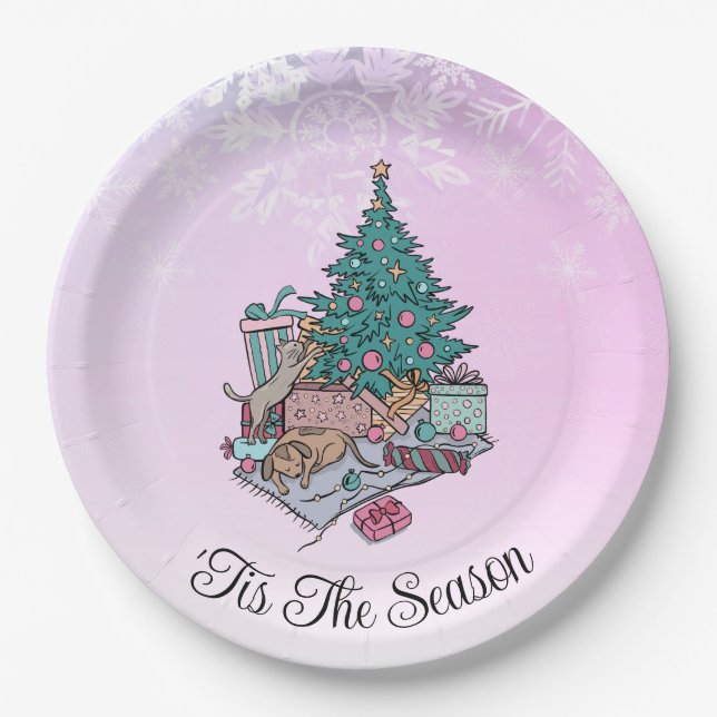 Merry Everything Pink Christmas Tree Cat and Dog Paper Plate (Front)