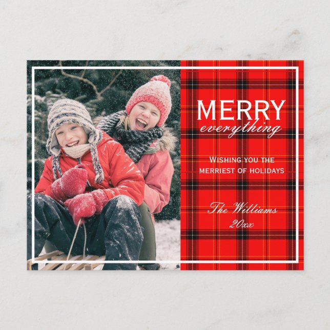 Merry Everything Red Plaid Family Photo Christmas Holiday Postcard (Front)