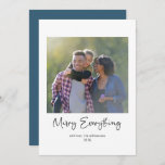 Merry Everything Script Custom Message Photo Blue Holiday Card<br><div class="desc">Merry Everything Calligraphy Custom Message Photo Holiday Card with Blue Backing</div>