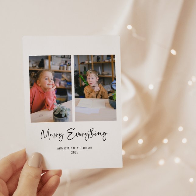 Merry Everything Script Custom Message Three Photo Holiday Card (Creator Uploaded)