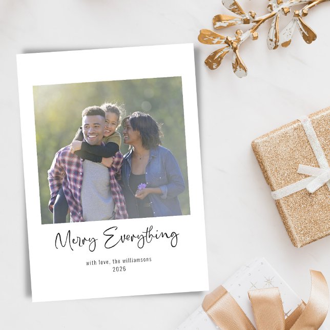 Merry Everything Script Family Photo Blue Holiday  Card (Creator Uploaded)