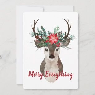 Merry Everything Watercolor Deer Antler Bouquet Holiday Card