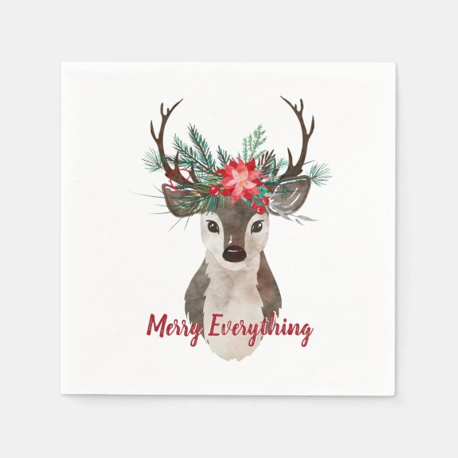 Merry Everything Watercolor Deer Antler Bouquet Napkin (Front)