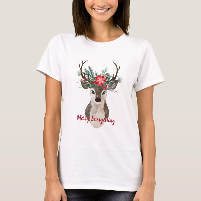 Merry Everything Watercolor Deer Antler Bouquet T-Shirt (Front)