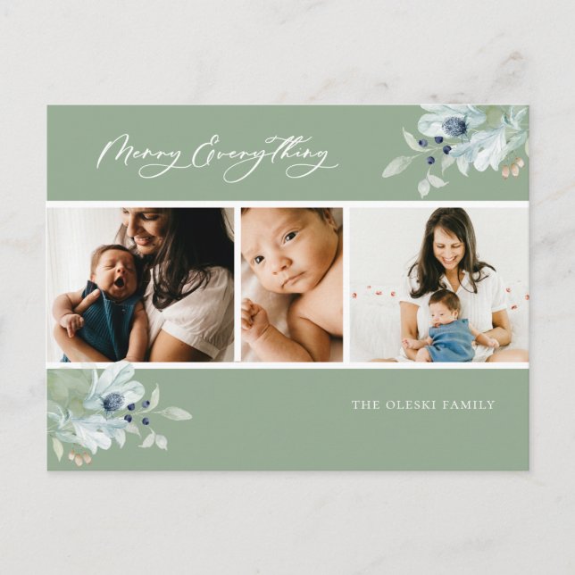 Merry Everything Winter Botanical Photo Collage Holiday Postcard (Front)