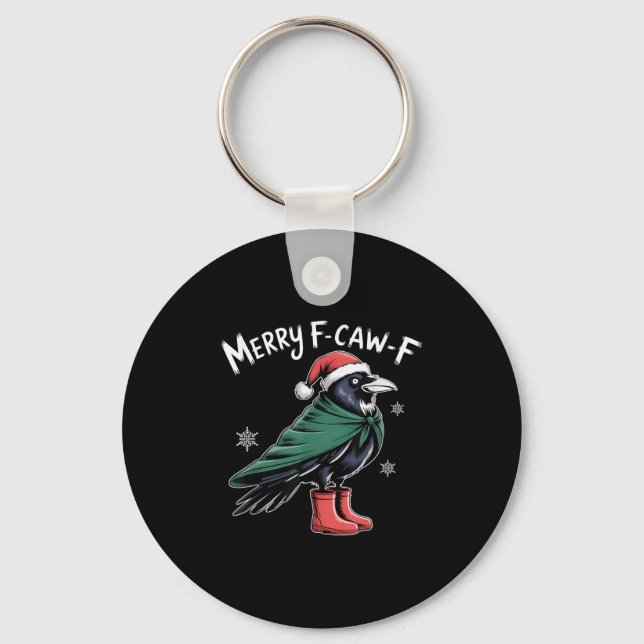 Merry F-caw-f Crow, Black Bird Christmas, Christma Key Ring (Front)