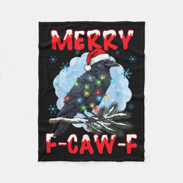 Merry F-caw-f Crow Christmas Snowflake Xmas Lights Fleece Blanket (Front)