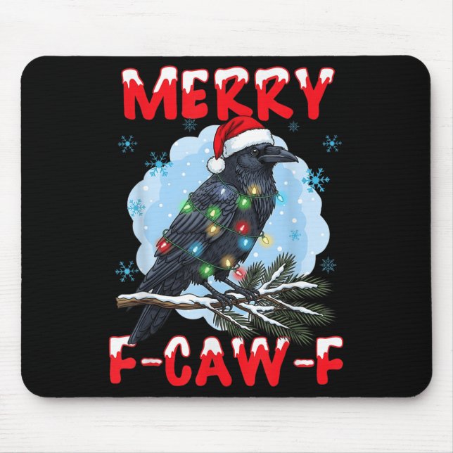 Merry F-caw-f Crow Christmas Snowflake Xmas Lights Mouse Mat (Front)