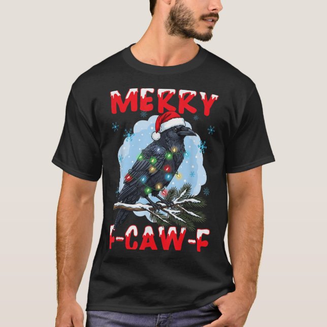 Merry F-caw-f Crow Christmas Snowflake Xmas Lights T-Shirt (Front)