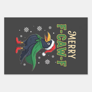 Merry F-Caw-F Funny Christmas Raven Crow Santa Wrapping Paper Sheet