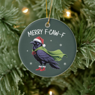 Merry F-Caw-F Raven Funny Christmas Crow Sarcastic Ceramic Tree Decoration