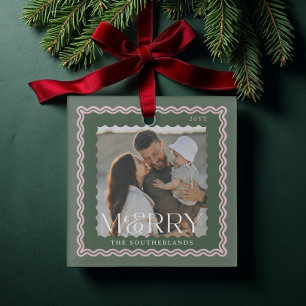 Merry Family Modern Retro Wavy Photo Keepsake Glass Tree Decoration