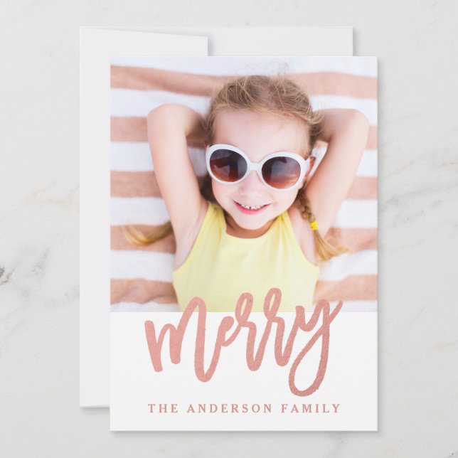 Merry Faux Rose Gold Foil | Holiday Photo Card (Front)