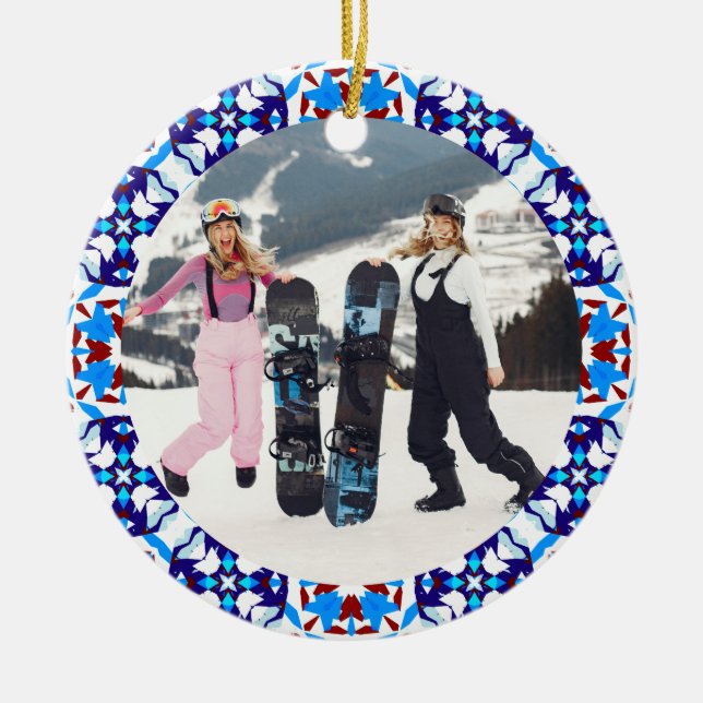 Merry Festive Blue Christmas Photo Picture Frame Ceramic Tree Decoration (Front)