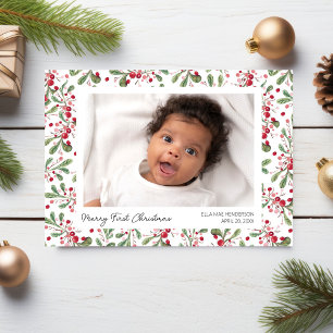 Merry First Christmas Photos, Berries & Greenery Holiday Card