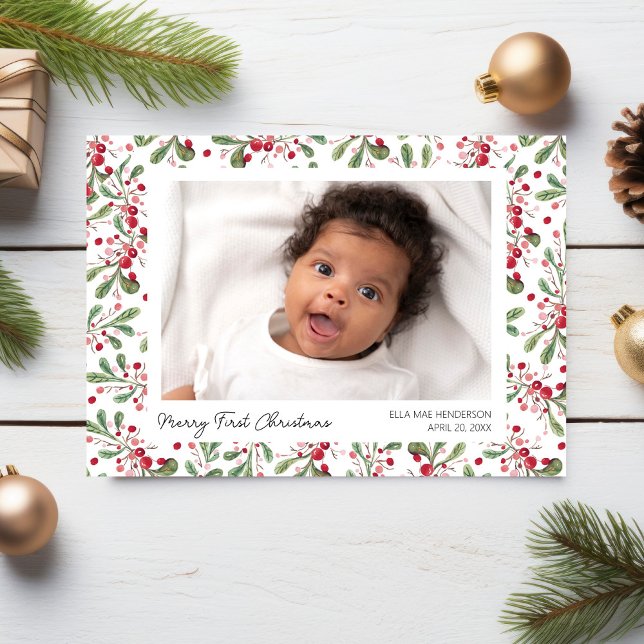 Merry First Christmas Photos, Berries & Greenery Holiday Postcard (Creator Uploaded)