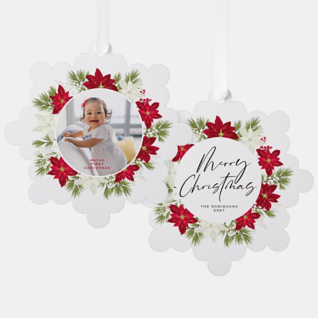 Merry First Christmas Red Poinsettia Wreath Tree Decoration Card (Front/Back)